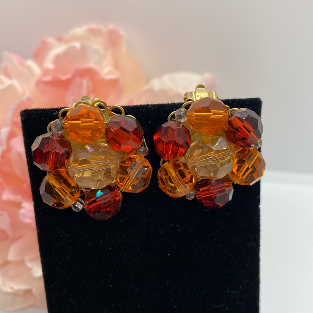 Vintage MARVELLA multi orange glass bead clip earrings
